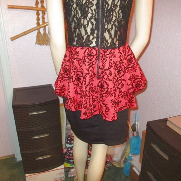 Vtg Y2K Flocked Velvet Peplum Pencil Mini Dress Size S Sheer Lace Bodycon Baddie - Picture 9 of 12